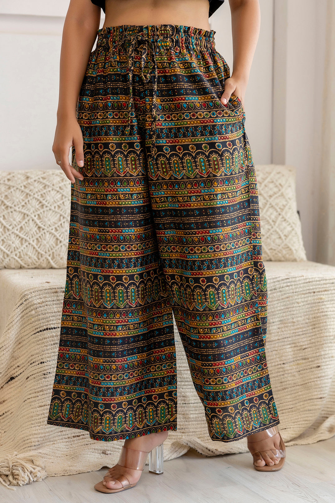 Women Black Printed Straight Palazzo | LASVINI - Redefining Indian Fashion with Elegance