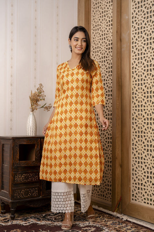Women Yellow Printed Straight Kurta With Three Quarter Sleeves | LASVINI - Redefining Indian Fashion with Elegance