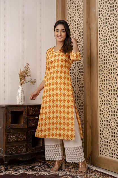 Women Yellow Printed Straight Kurta With Three Quarter Sleeves | LASVINI - Redefining Indian Fashion with Elegance