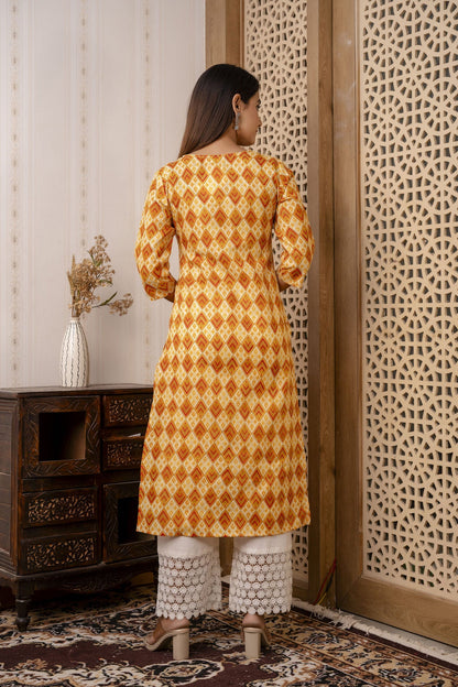 Women Yellow Printed Straight Kurta With Three Quarter Sleeves | LASVINI - Redefining Indian Fashion with Elegance