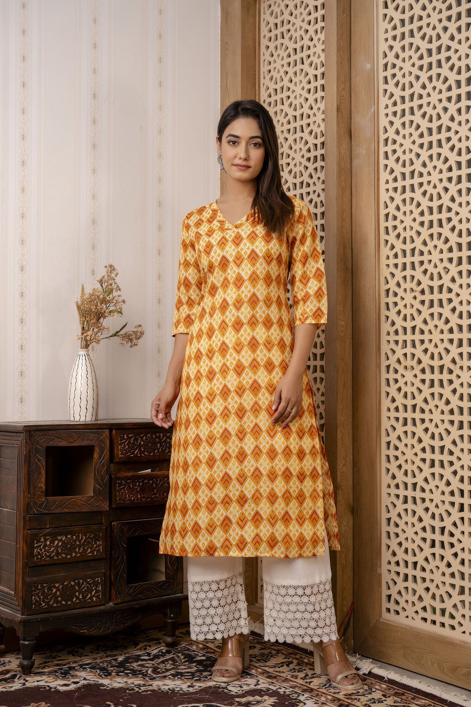 Women Yellow Printed Straight Kurta With Three Quarter Sleeves | LASVINI - Redefining Indian Fashion with Elegance