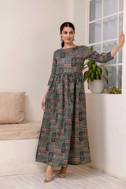 Women Green Abstract Printed Flared Dress | LASVINI - Redefining Indian Fashion with Elegance