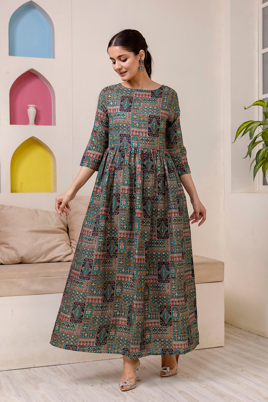 Women Green Abstract Printed Flared Dress | LASVINI - Redefining Indian Fashion with Elegance