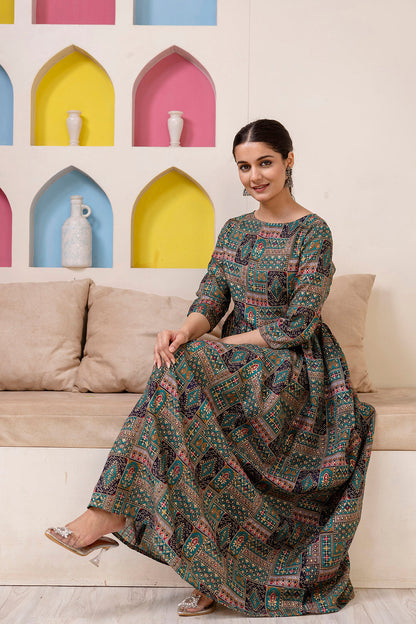 Women Green Abstract Printed Flared Dress | LASVINI - Redefining Indian Fashion with Elegance