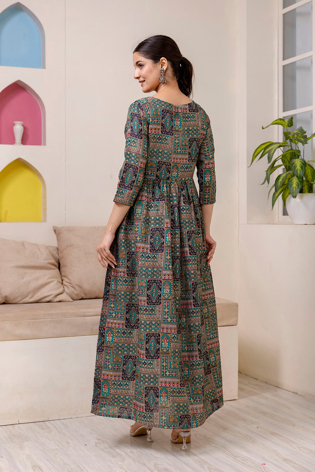 Women Green Abstract Printed Flared Dress | LASVINI - Redefining Indian Fashion with Elegance