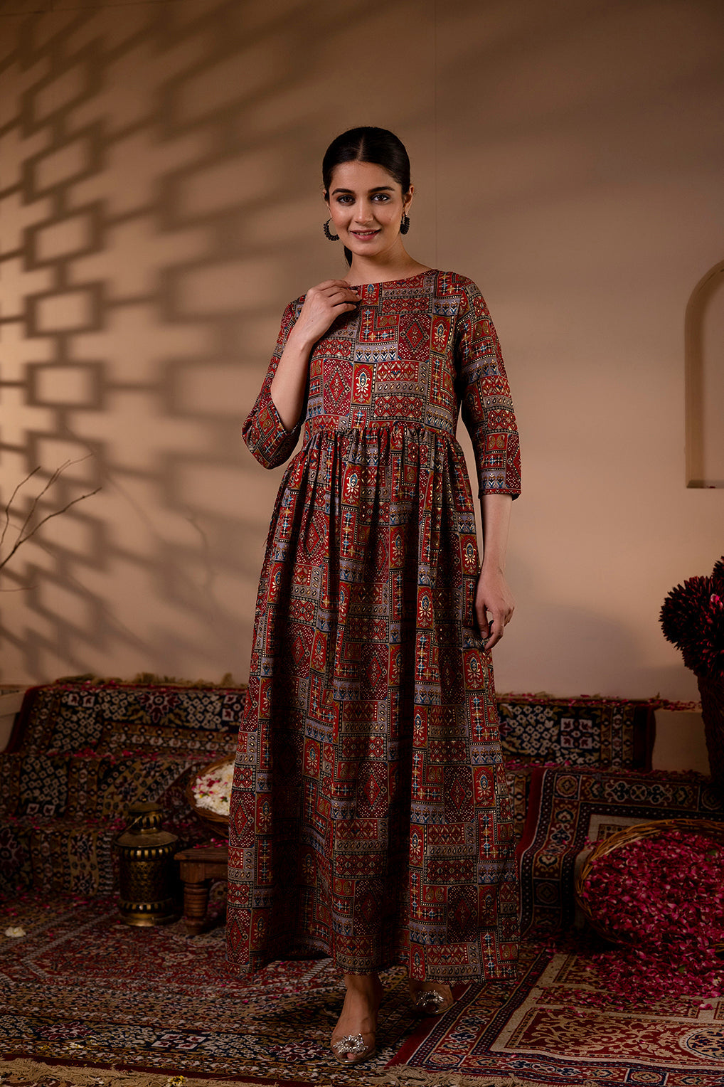 Women Maroon Abstract Printed Flared Dress | LASVINI - Redefining Indian Fashion with Elegance