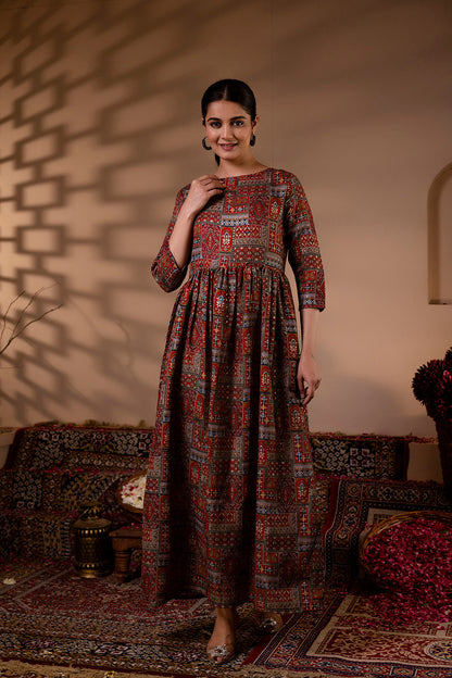 Women Maroon Abstract Printed Flared Dress | LASVINI - Redefining Indian Fashion with Elegance