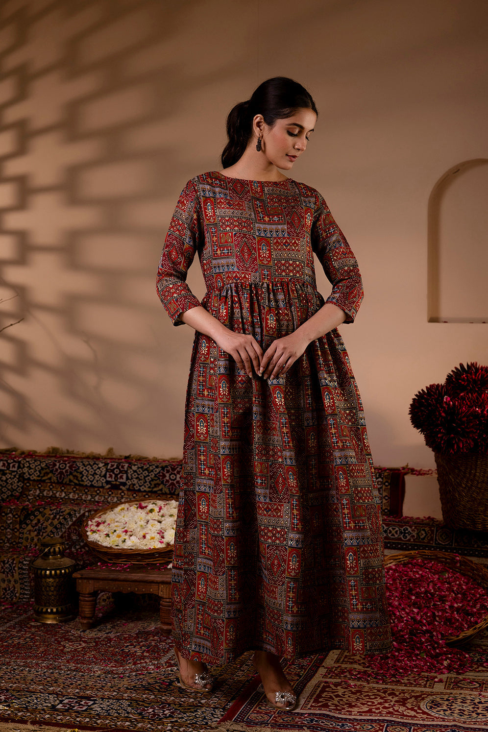 Women Maroon Abstract Printed Flared Dress | LASVINI - Redefining Indian Fashion with Elegance