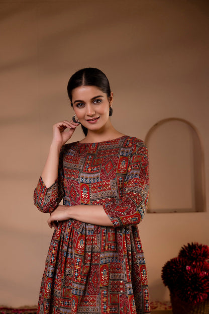 Women Maroon Abstract Printed Flared Dress | LASVINI - Redefining Indian Fashion with Elegance