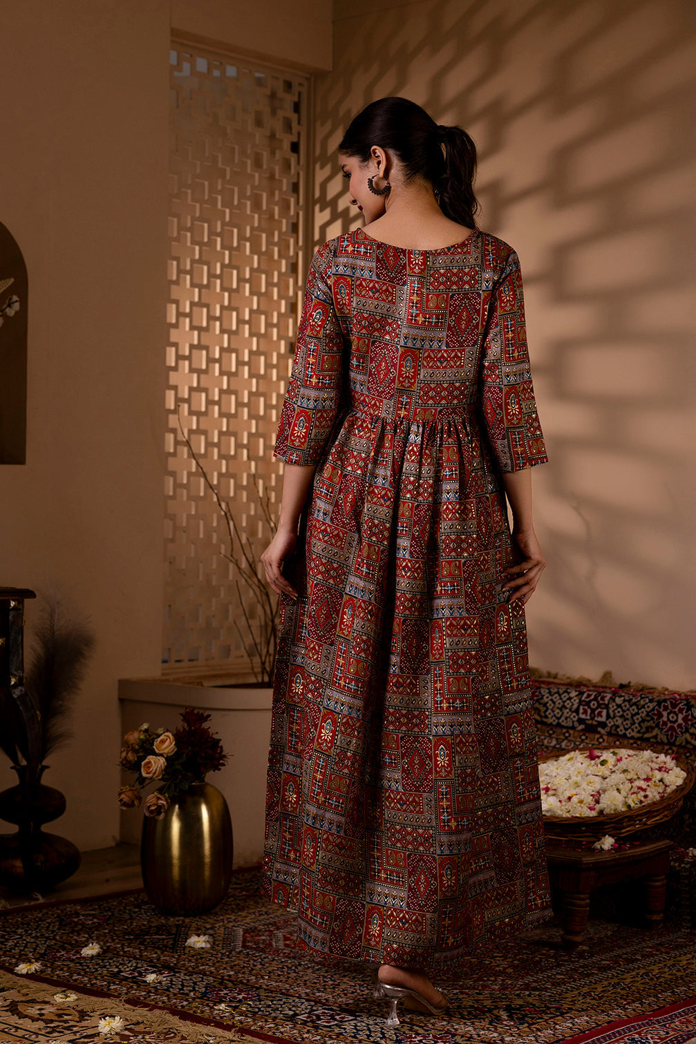 Women Maroon Abstract Printed Flared Dress | LASVINI - Redefining Indian Fashion with Elegance