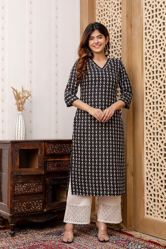 Women Black Printed Straight Kurta With Three Quarter Sleeves | LASVINI - Redefining Indian Fashion with Elegance
