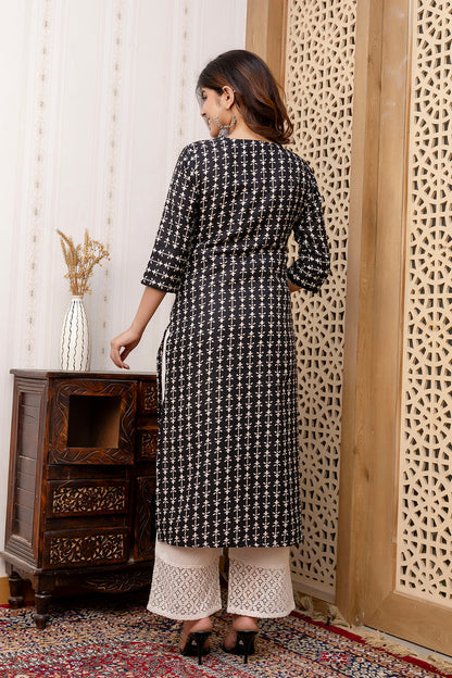 Women Black Printed Straight Kurta With Three Quarter Sleeves | LASVINI - Redefining Indian Fashion with Elegance