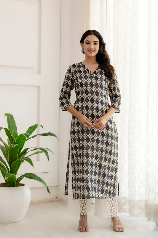 Women Grey Printed Straight Kurta With Three Quarter Sleeves | LASVINI - Redefining Indian Fashion with Elegance