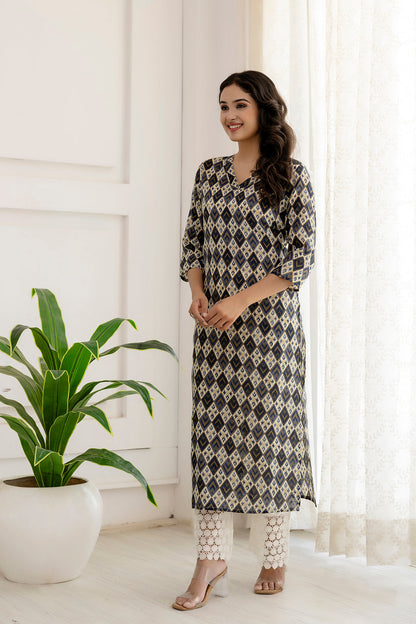 Women Grey Printed Straight Kurta With Three Quarter Sleeves | LASVINI - Redefining Indian Fashion with Elegance