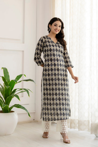 Women Grey Printed Straight Kurta With Three Quarter Sleeves | LASVINI - Redefining Indian Fashion with Elegance