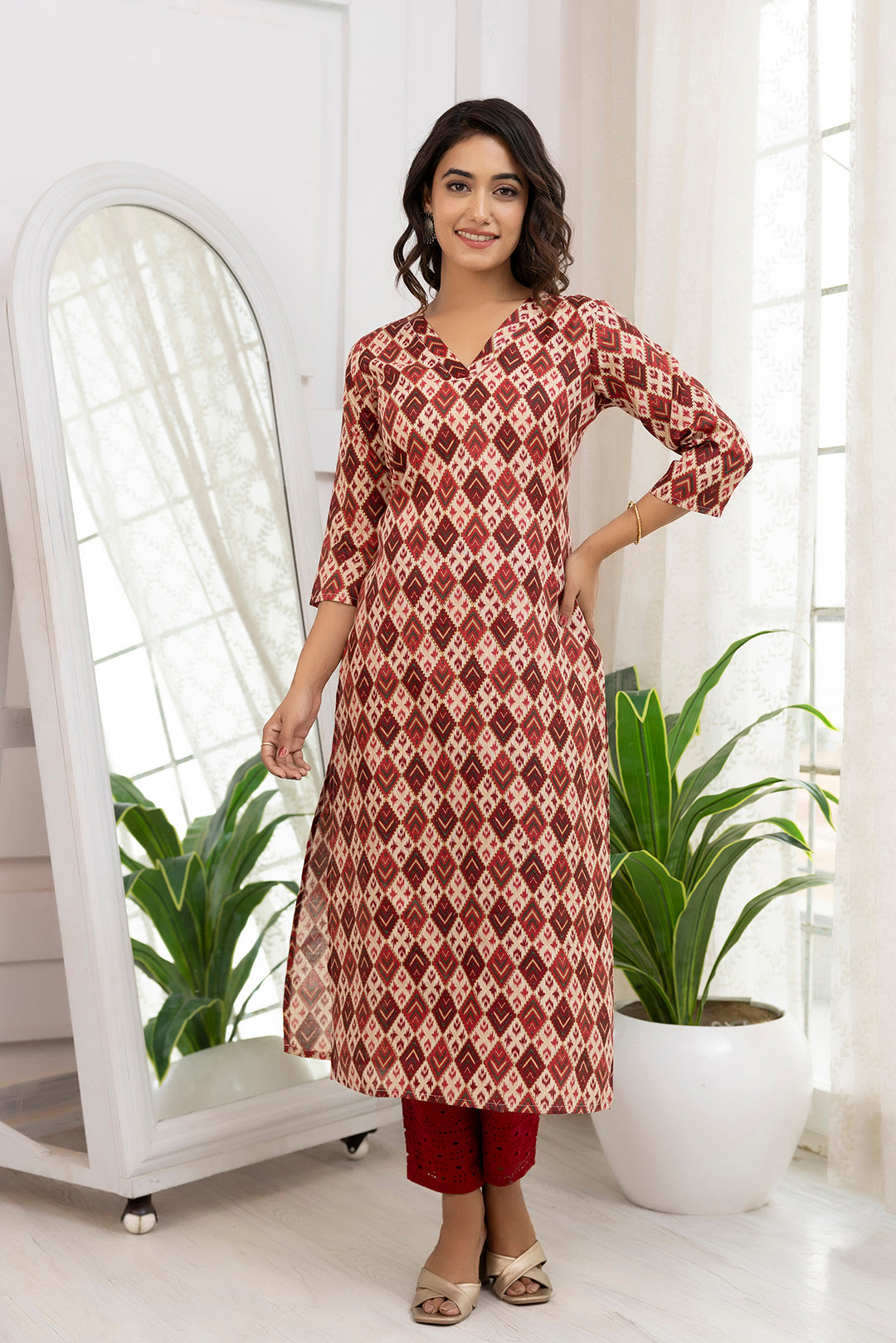 Women Maroon Printed Straight Kurta With Three Quarter Sleeves | LASVINI - Redefining Indian Fashion with Elegance