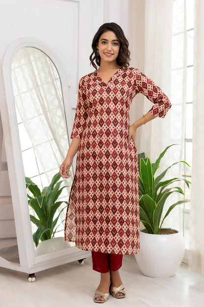Women Maroon Printed Straight Kurta With Three Quarter Sleeves | LASVINI - Redefining Indian Fashion with Elegance