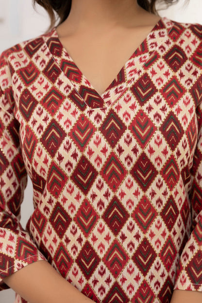 Women Maroon Printed Straight Kurta With Three Quarter Sleeves | LASVINI - Redefining Indian Fashion with Elegance