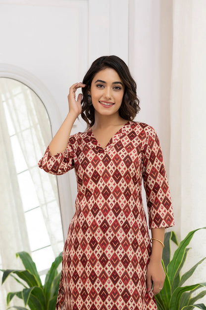 Women Maroon Printed Straight Kurta With Three Quarter Sleeves | LASVINI - Redefining Indian Fashion with Elegance