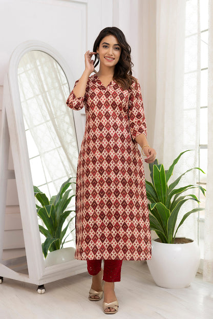 Women Maroon Printed Straight Kurta With Three Quarter Sleeves | LASVINI - Redefining Indian Fashion with Elegance