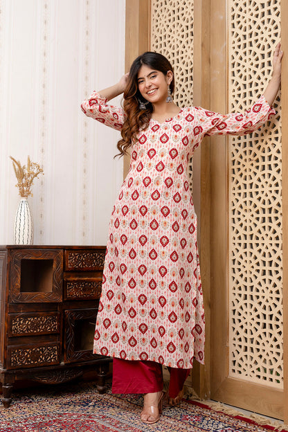 Women Maroon And Off White Printed Straight Kurta | LASVINI - Redefining Indian Fashion with Elegance