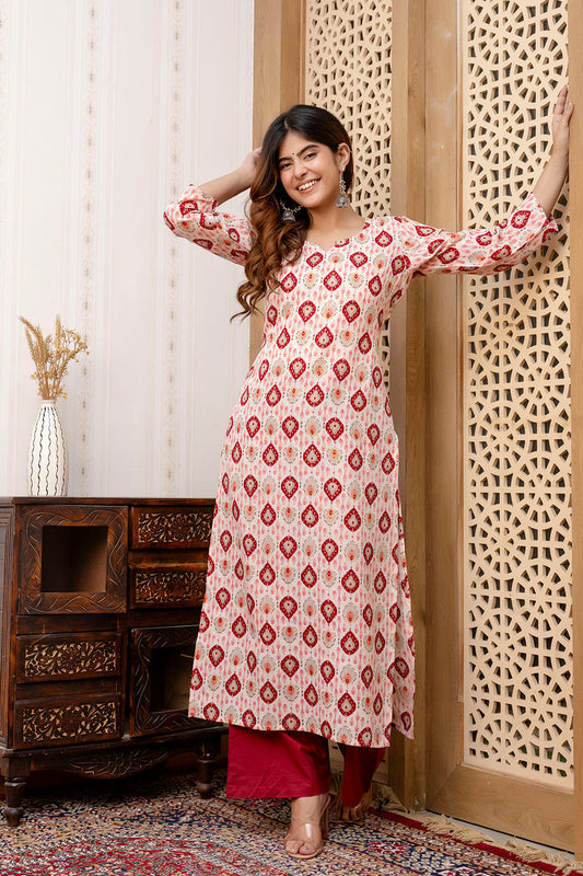 Women Maroon And Off White Printed Straight Kurta | LASVINI - Redefining Indian Fashion with Elegance