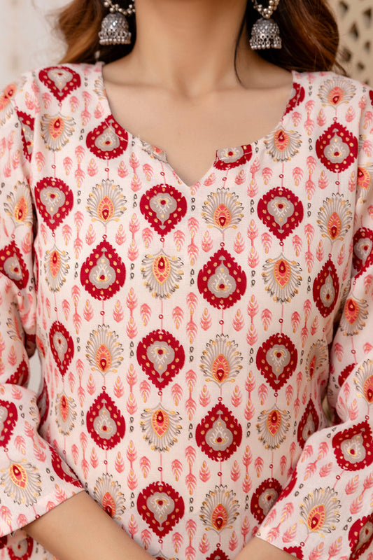 Women Maroon And Off White Printed Straight Kurta | LASVINI - Redefining Indian Fashion with Elegance