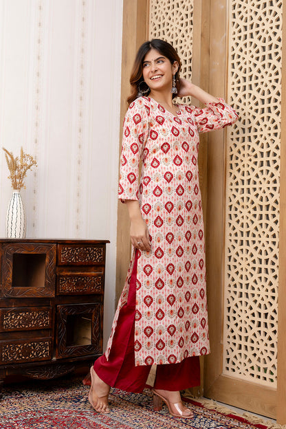 Women Maroon And Off White Printed Straight Kurta | LASVINI - Redefining Indian Fashion with Elegance