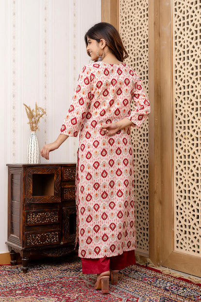 Women Maroon And Off White Printed Straight Kurta | LASVINI - Redefining Indian Fashion with Elegance