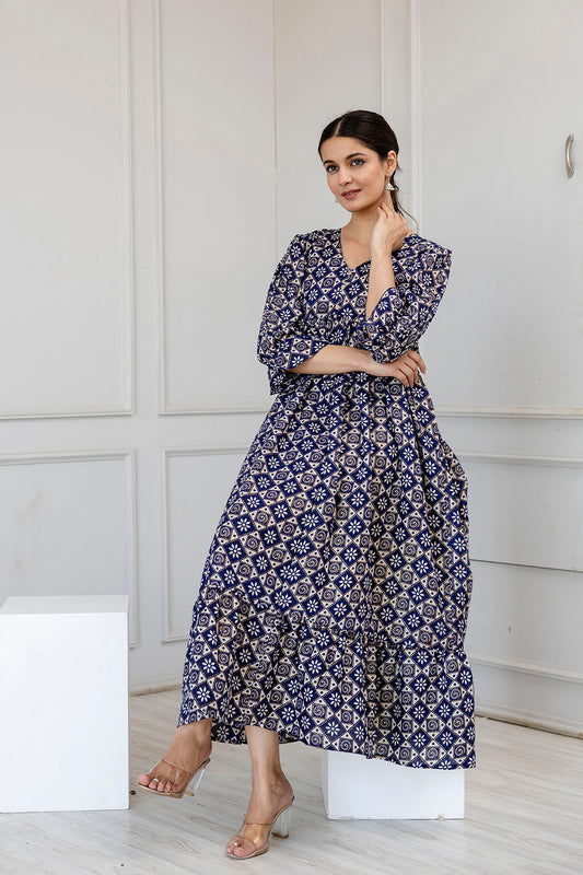 Women Blue Ethnic Printed Flared Dress | LASVINI - Redefining Indian Fashion with Elegance