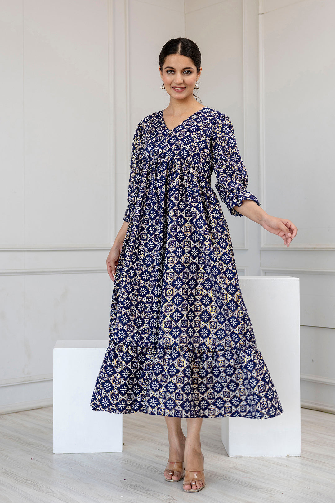 Women Blue Ethnic Printed Flared Dress | LASVINI - Redefining Indian Fashion with Elegance