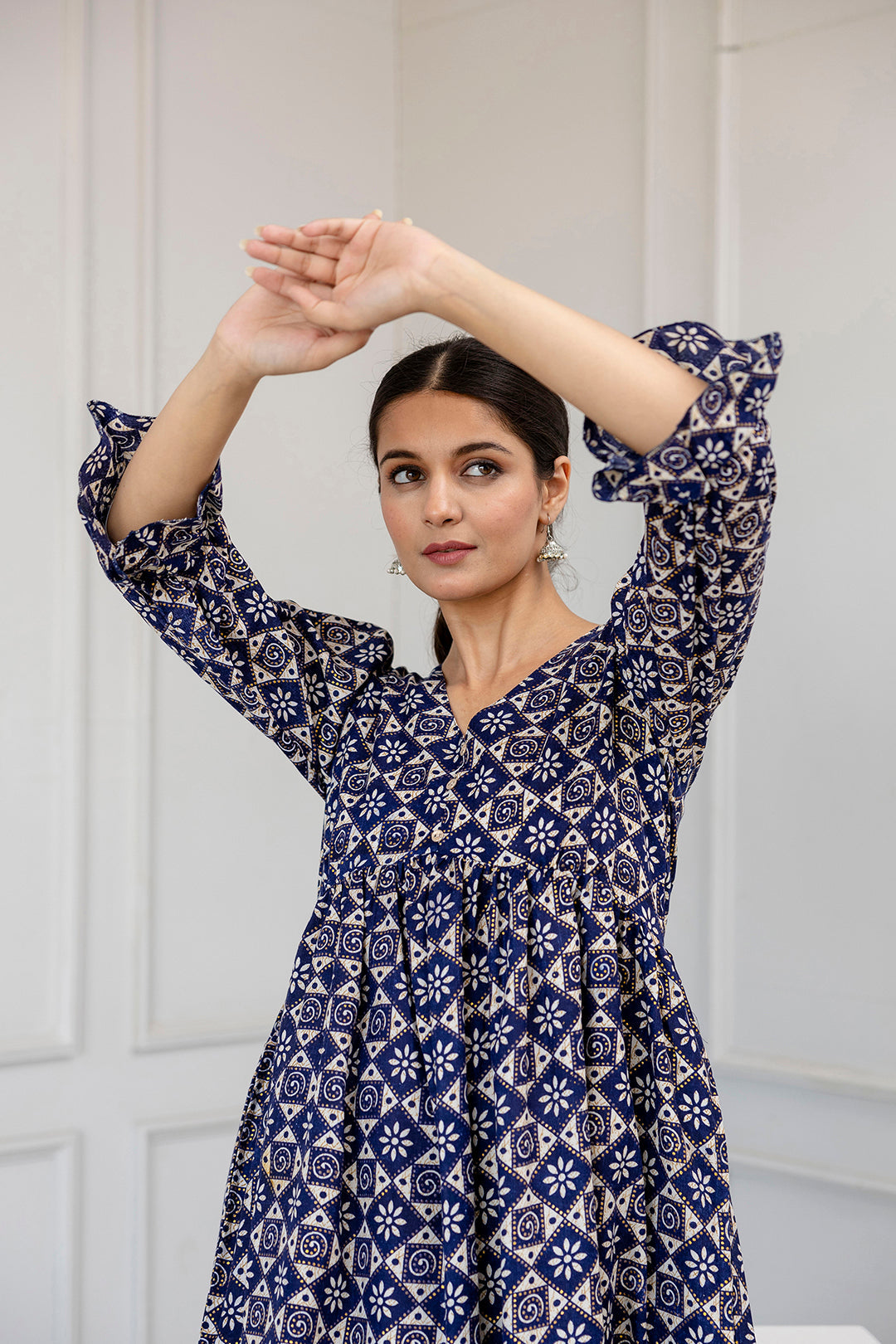 Women Blue Ethnic Printed Flared Dress | LASVINI - Redefining Indian Fashion with Elegance