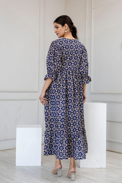 Women Blue Ethnic Printed Flared Dress | LASVINI - Redefining Indian Fashion with Elegance