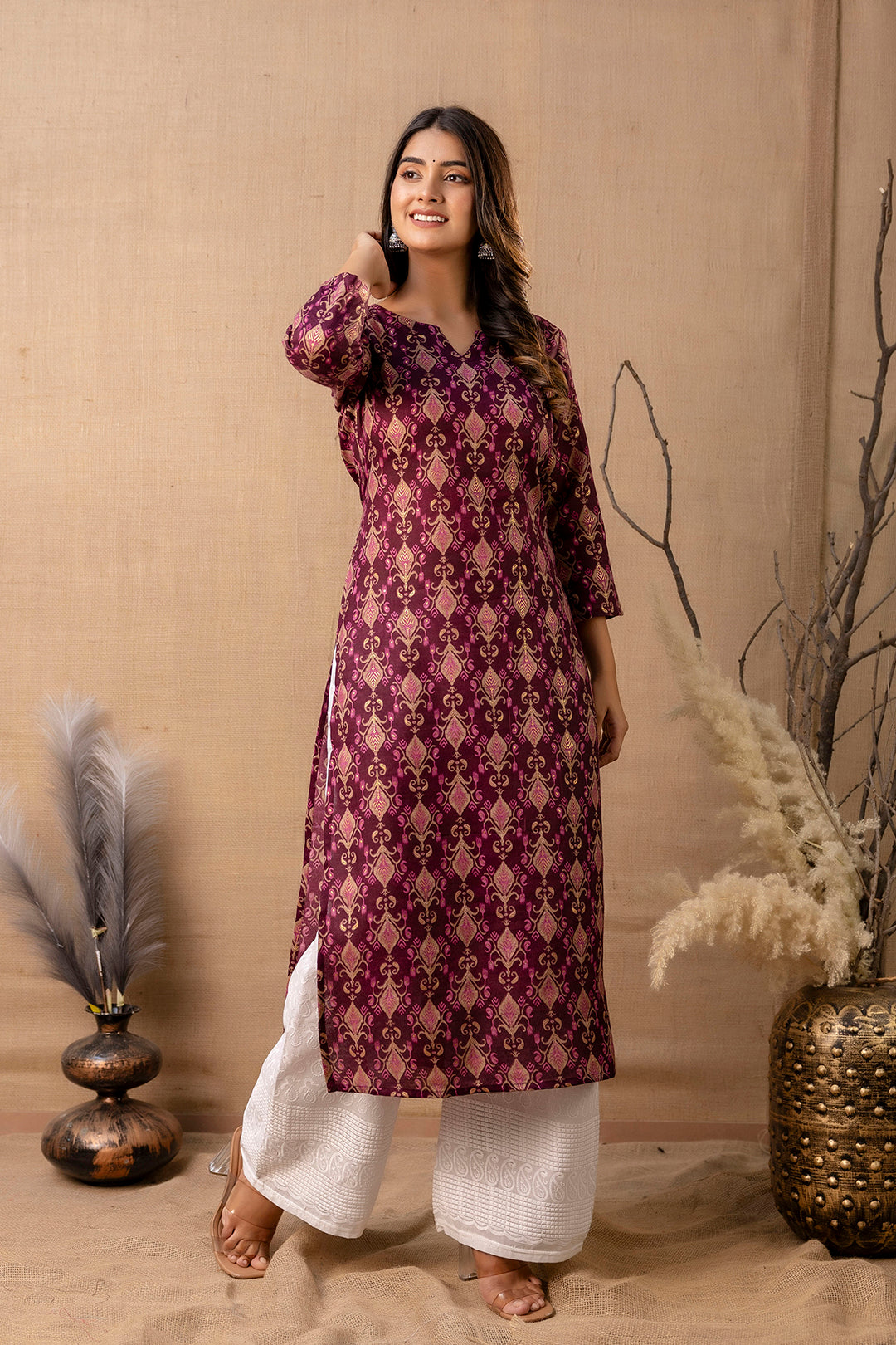 Women Burgundy Printed Straight Kurta | LASVINI - Redefining Indian Fashion with Elegance