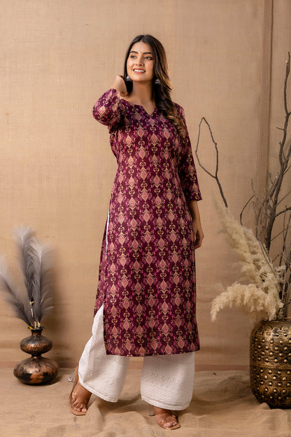 Women Burgundy Printed Straight Kurta | LASVINI - Redefining Indian Fashion with Elegance