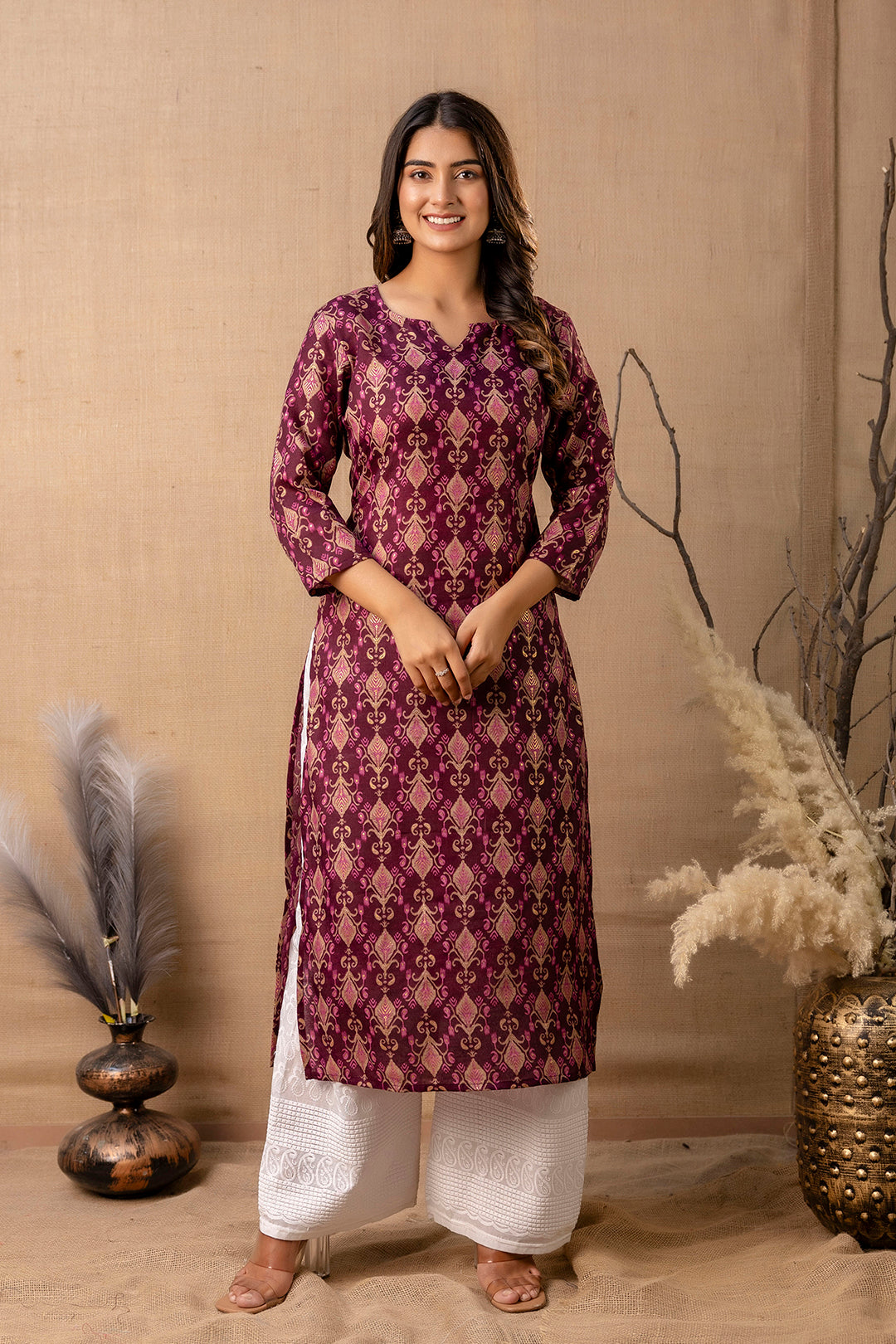 Women Burgundy Printed Straight Kurta | LASVINI - Redefining Indian Fashion with Elegance