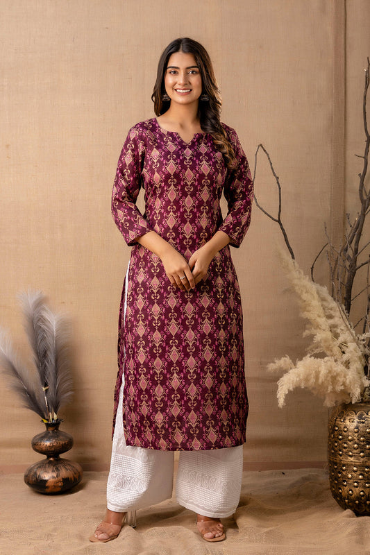 Women Burgundy Printed Straight Kurta | LASVINI - Redefining Indian Fashion with Elegance