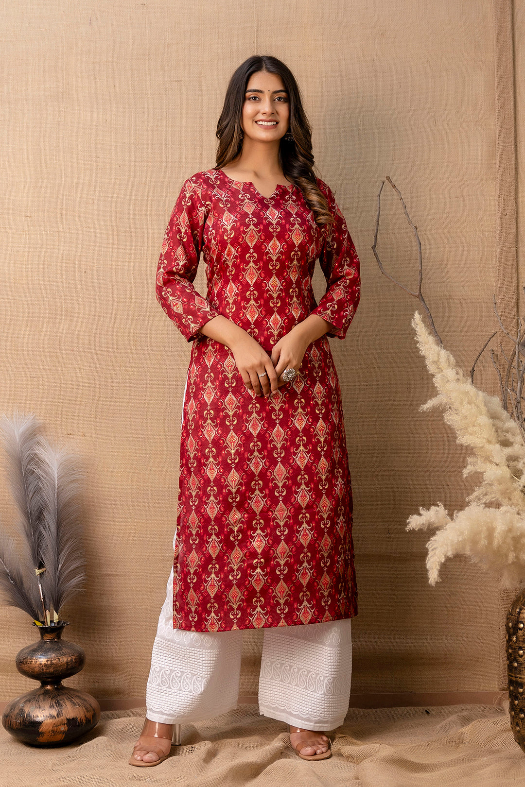Women Maroon Printed Straight Kurta | LASVINI - Redefining Indian Fashion with Elegance