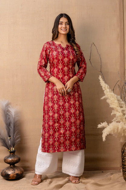 Women Maroon Printed Straight Kurta | LASVINI - Redefining Indian Fashion with Elegance