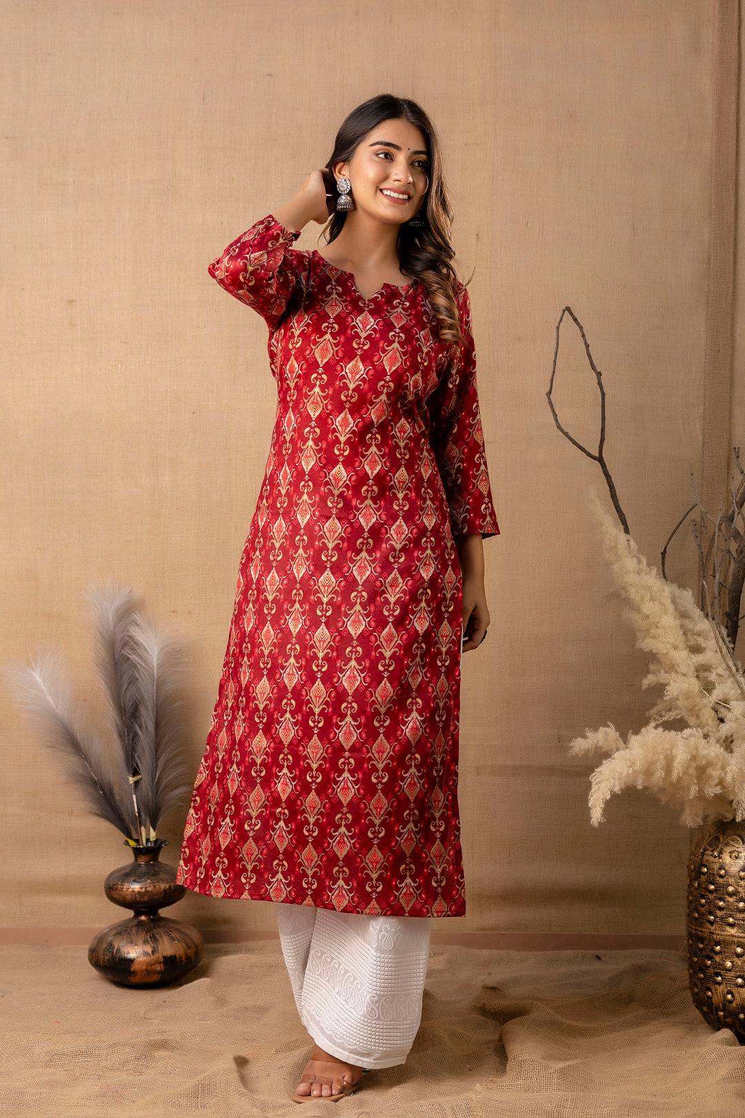 Women Maroon Printed Straight Kurta | LASVINI - Redefining Indian Fashion with Elegance