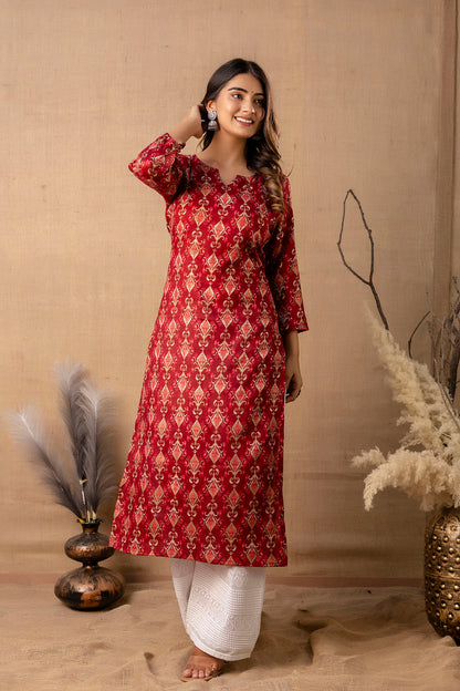 Women Maroon Printed Straight Kurta | LASVINI - Redefining Indian Fashion with Elegance