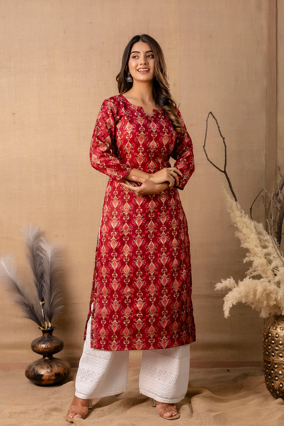 Women Maroon Printed Straight Kurta | LASVINI - Redefining Indian Fashion with Elegance
