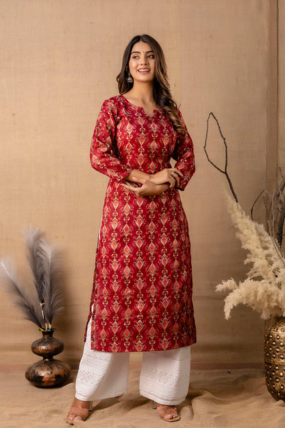 Women Maroon Printed Straight Kurta | LASVINI - Redefining Indian Fashion with Elegance