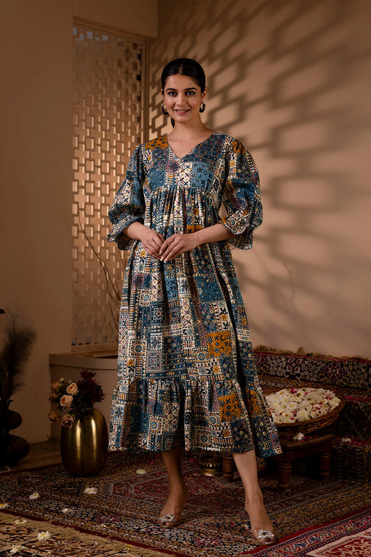 Women Multi Ethnic Printed Flared Dress | LASVINI - Redefining Indian Fashion with Elegance