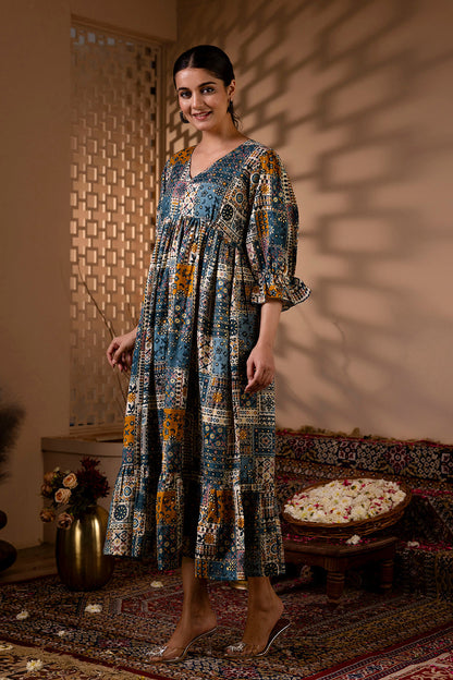 Women Multi Ethnic Printed Flared Dress | LASVINI - Redefining Indian Fashion with Elegance