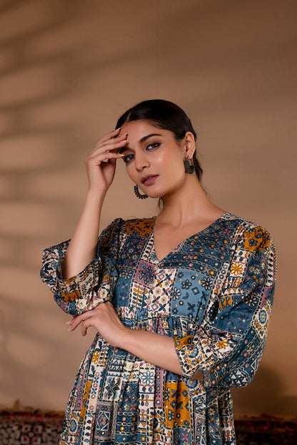Women Multi Ethnic Printed Flared Dress | LASVINI - Redefining Indian Fashion with Elegance