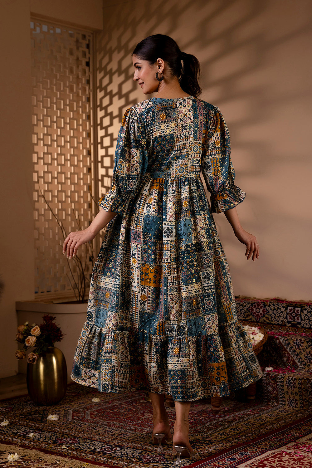 Women Multi Ethnic Printed Flared Dress | LASVINI - Redefining Indian Fashion with Elegance