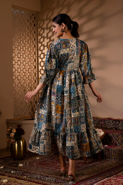 Women Multi Ethnic Printed Flared Dress | LASVINI - Redefining Indian Fashion with Elegance
