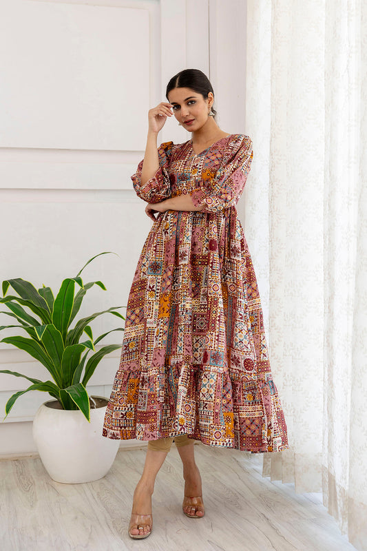 Women Multi Ethnic Printed Flared Dress | LASVINI - Redefining Indian Fashion with Elegance