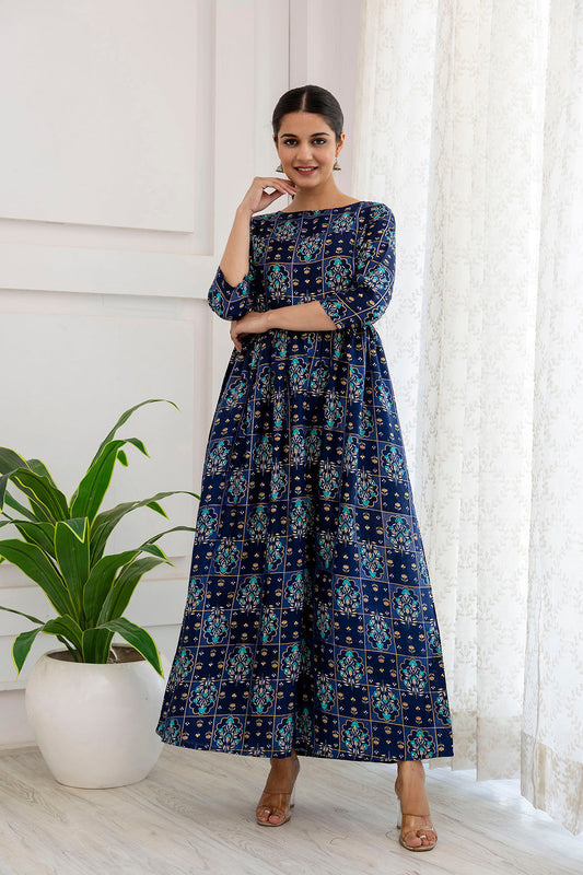 Women Navy Blue Ethnic Printed Flared Dress | LASVINI - Redefining Indian Fashion with Elegance